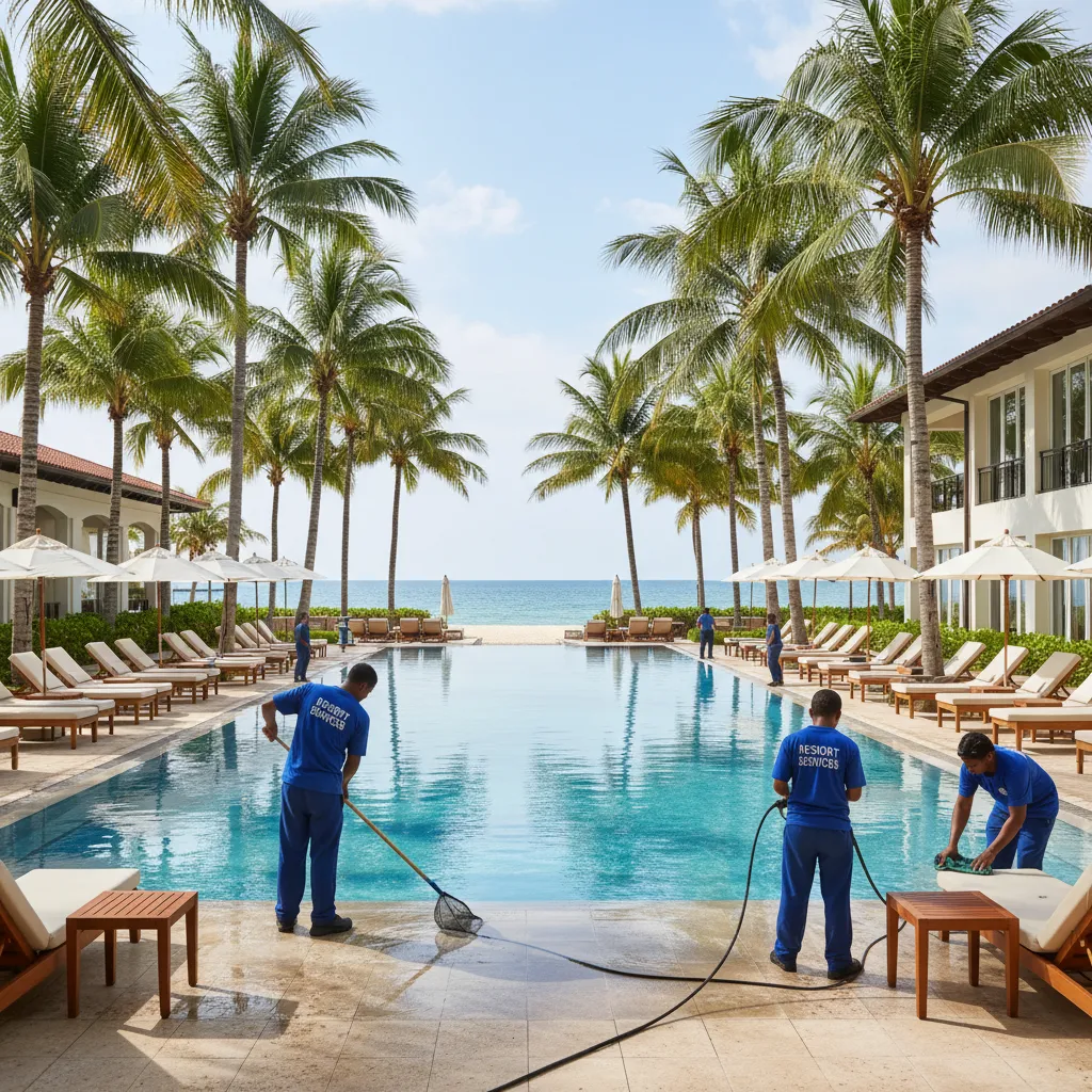 Personal de mantenimiento trabajando en la piscina de un hotel