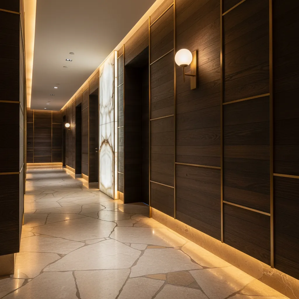 Detalle de materiales duraderos en interior de hotel con piedra y madera