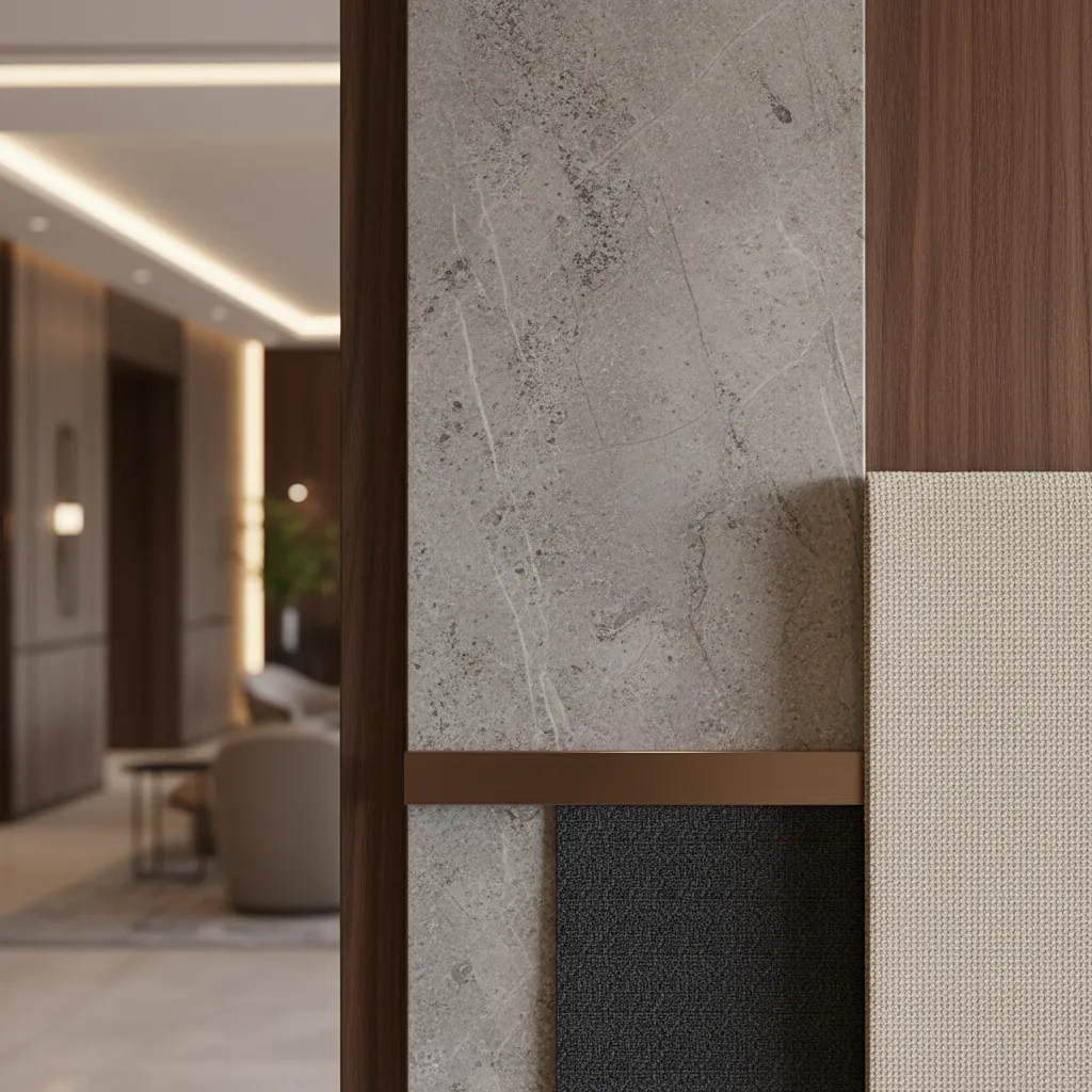 Detalle de materiales duraderos utilizados en interiorismo hotelero