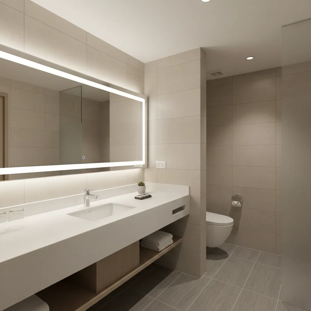 Hotel bathroom with offset sink vanity and extended countertop for guest items