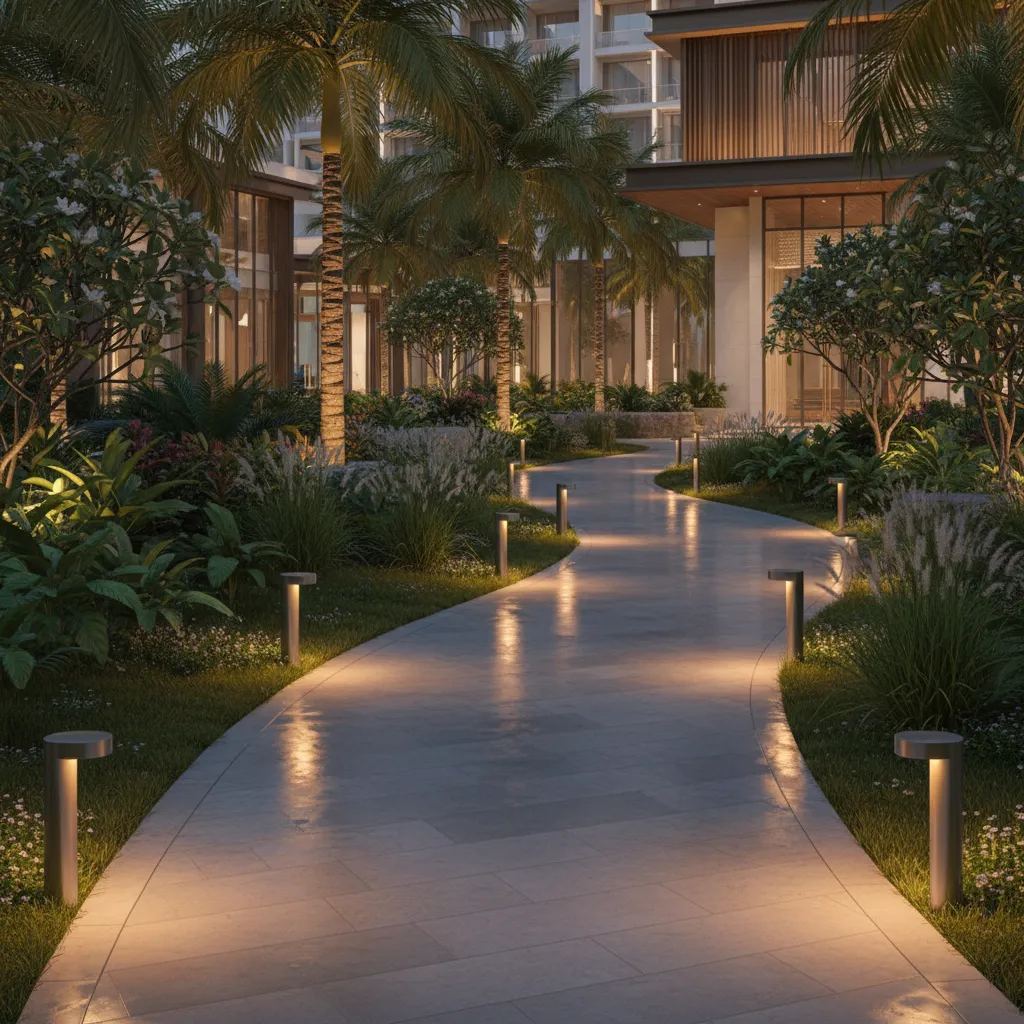 Hotel garden pathway illuminated with brushed nickel bollard lights