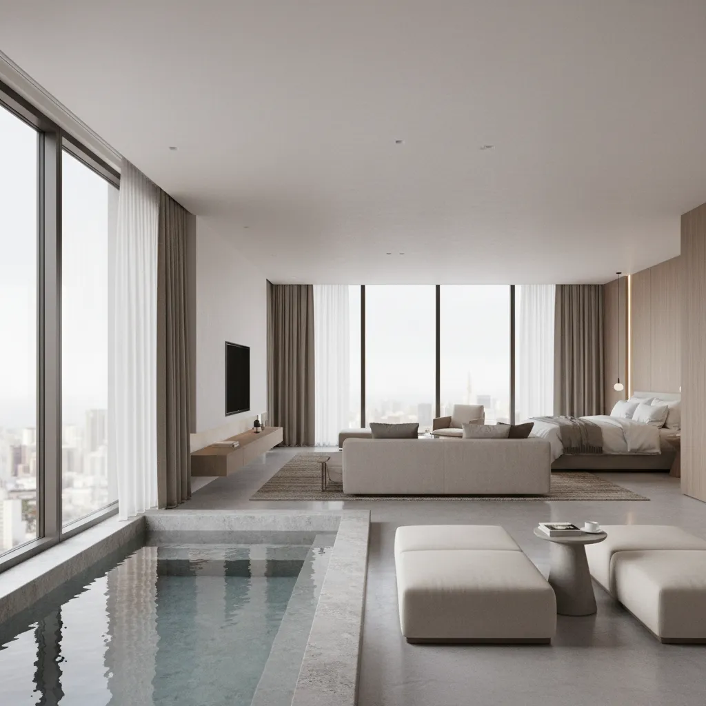 Modern hotel suite with a small private plunge pool beside a lounge area