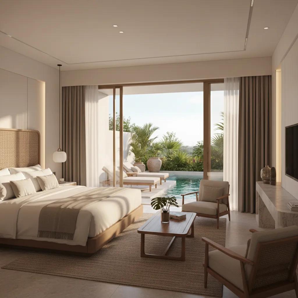 modern luxury hotel room with a small private pool beside the bed area