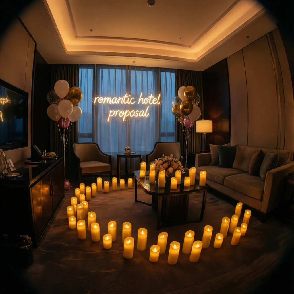 Luxury hotel proposal decoration with candles balloons and neon sign centerpiece