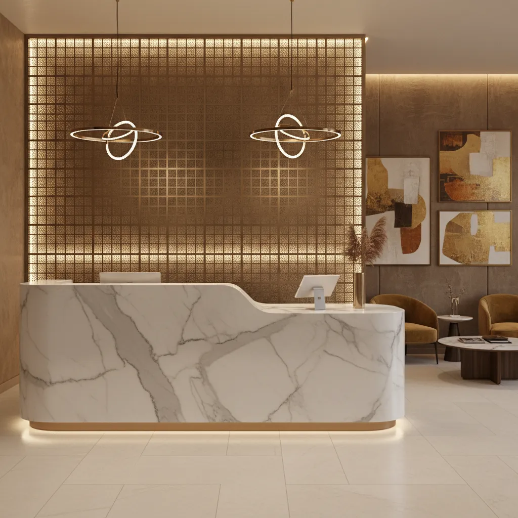 Hotel reception with marble desk gold wall circular ceiling lights yellow chairs and wall art