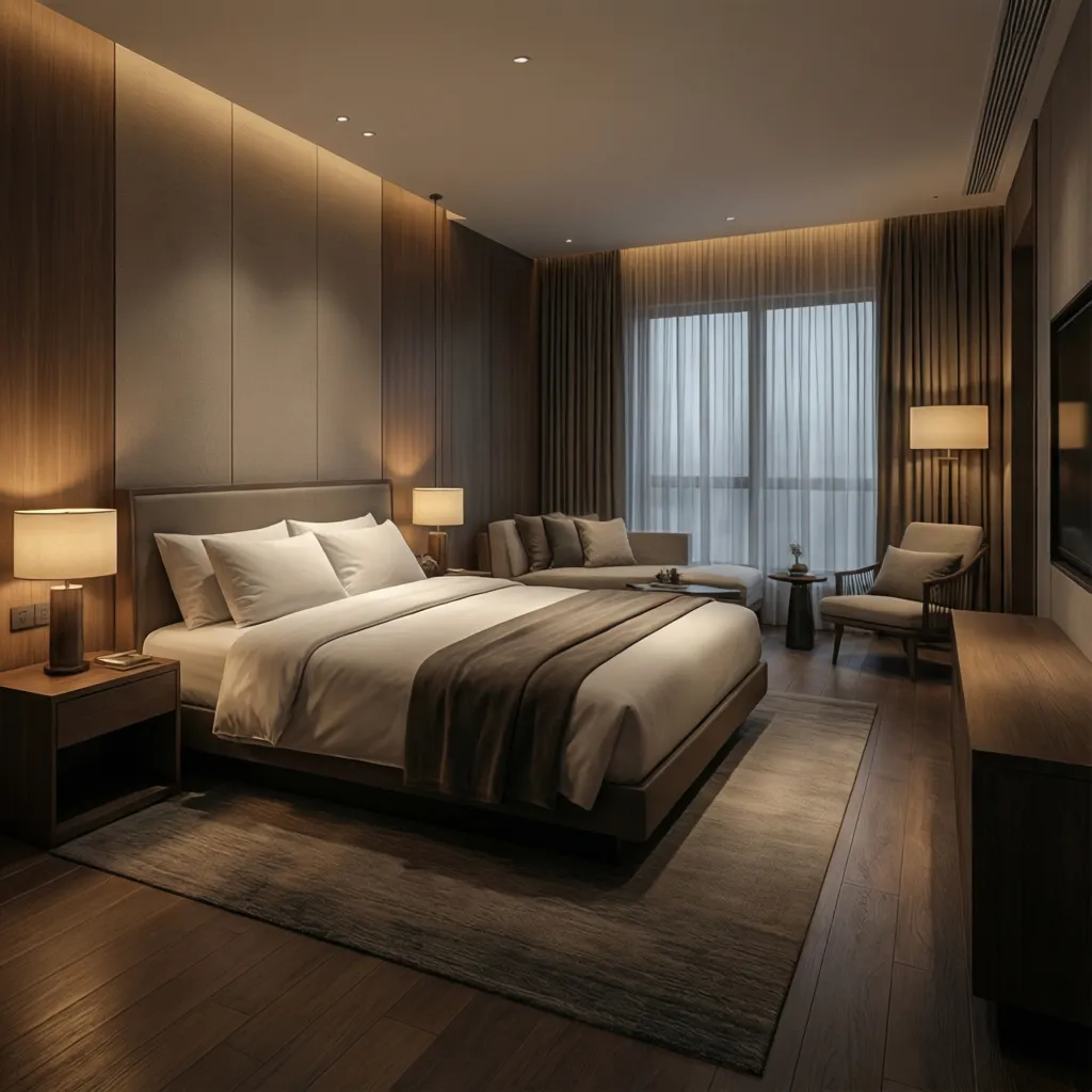 Modern hotel bedroom featuring wood wall panels warm lighting comfortable bed sofa armchair and window