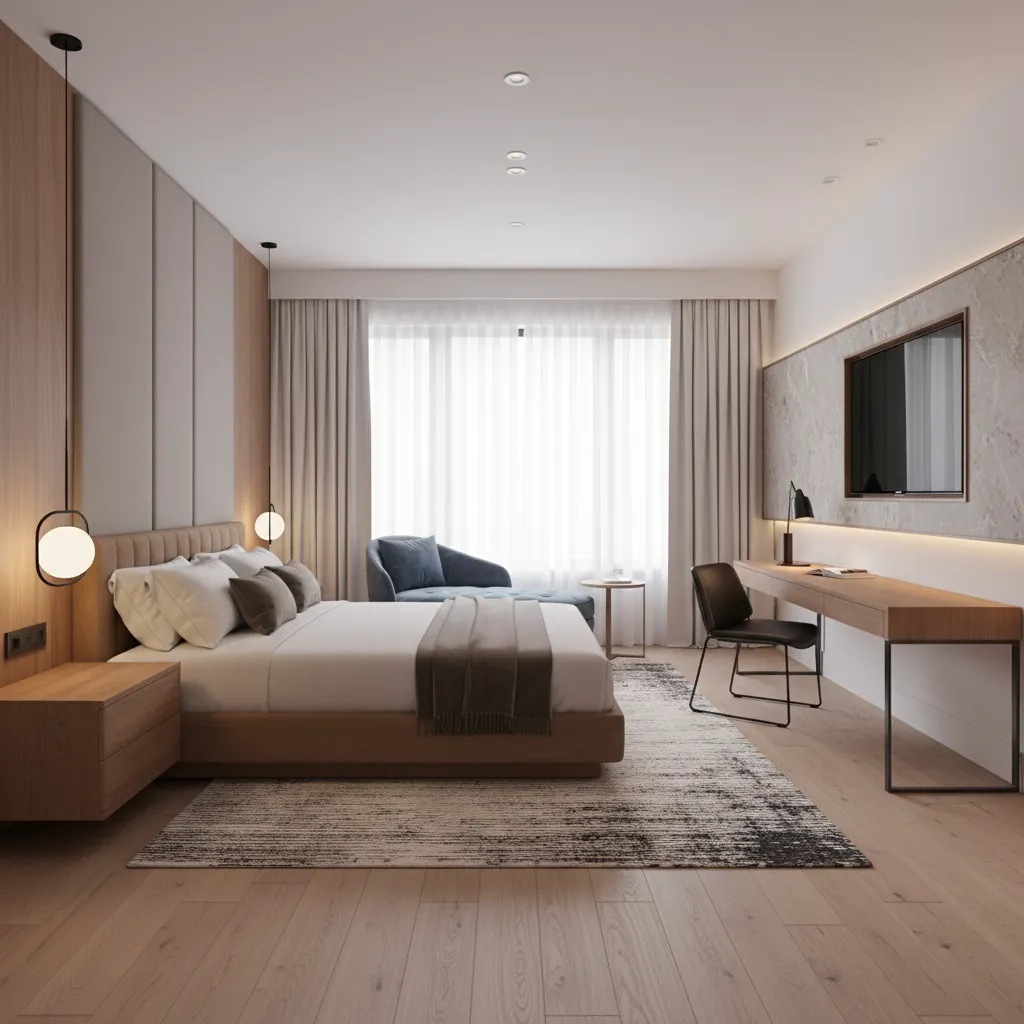 Interior design drawing of hotel room with wood floor, bed, long desk, and wall light