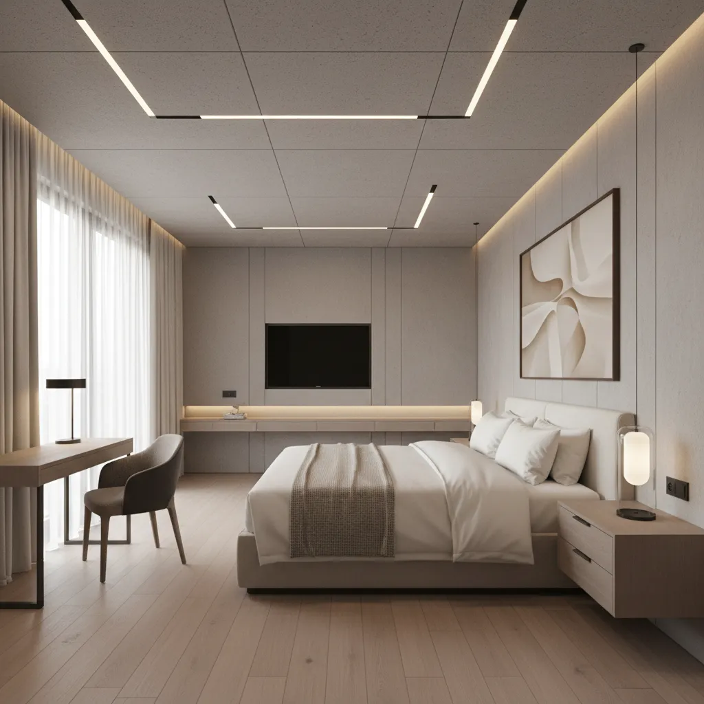 Hotel room interior with perforated acoustic ceiling panels and soft lighting