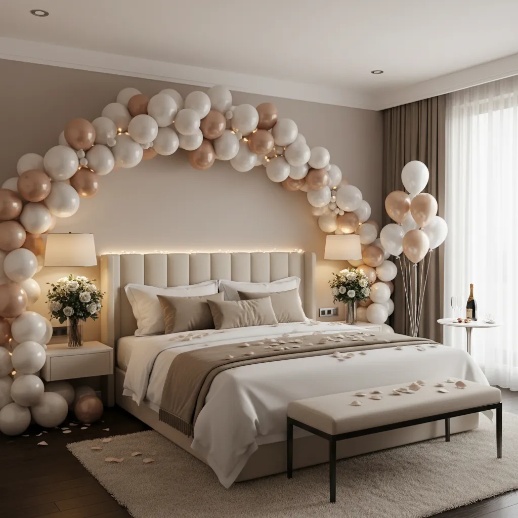 hotel room bed with balloon decoration setup