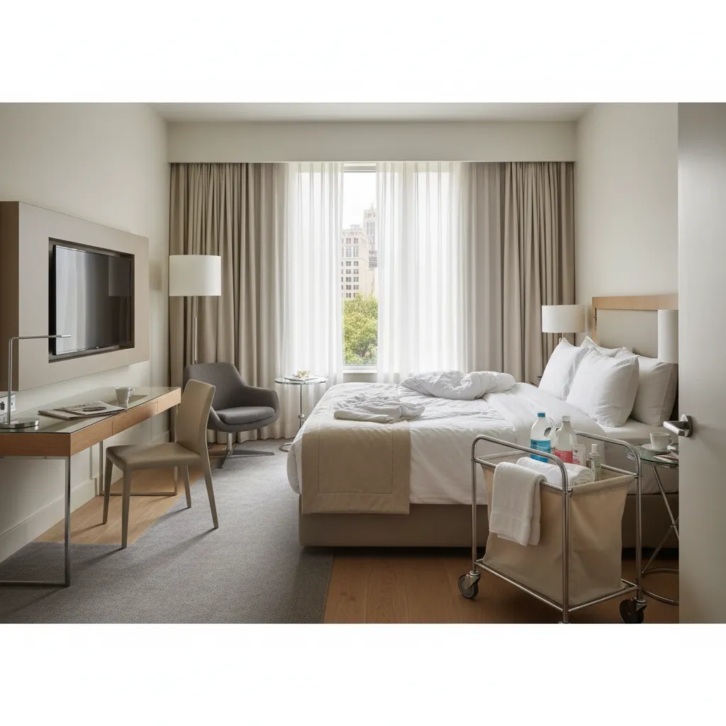 Hotel room ready for housekeeping reset with unmade bed and housekeeping cart outside