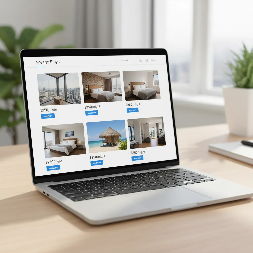 Hotel room listing grid layout displayed on laptop screen showing multiple room cards