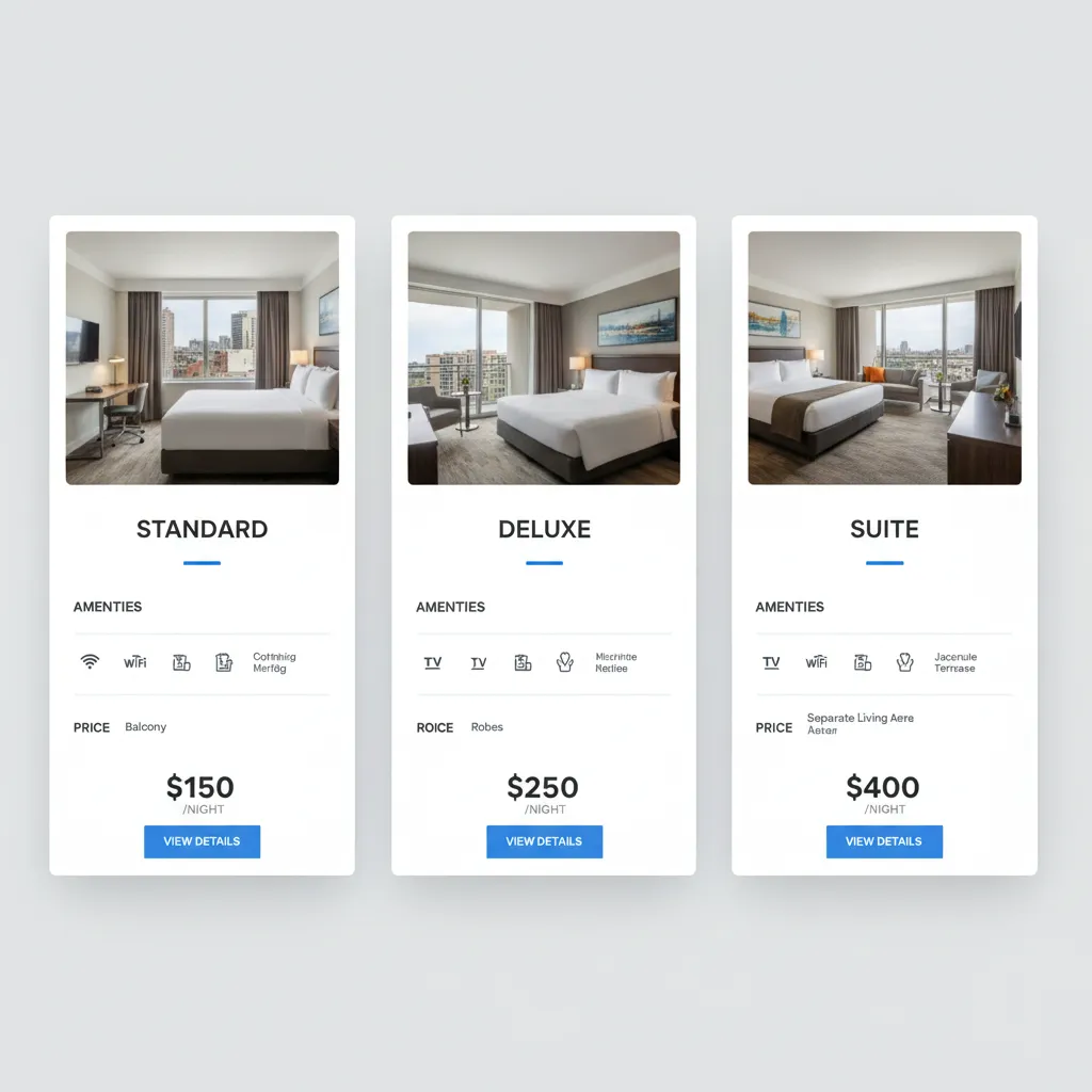 Hotel room comparison layout showing standard deluxe and suite options