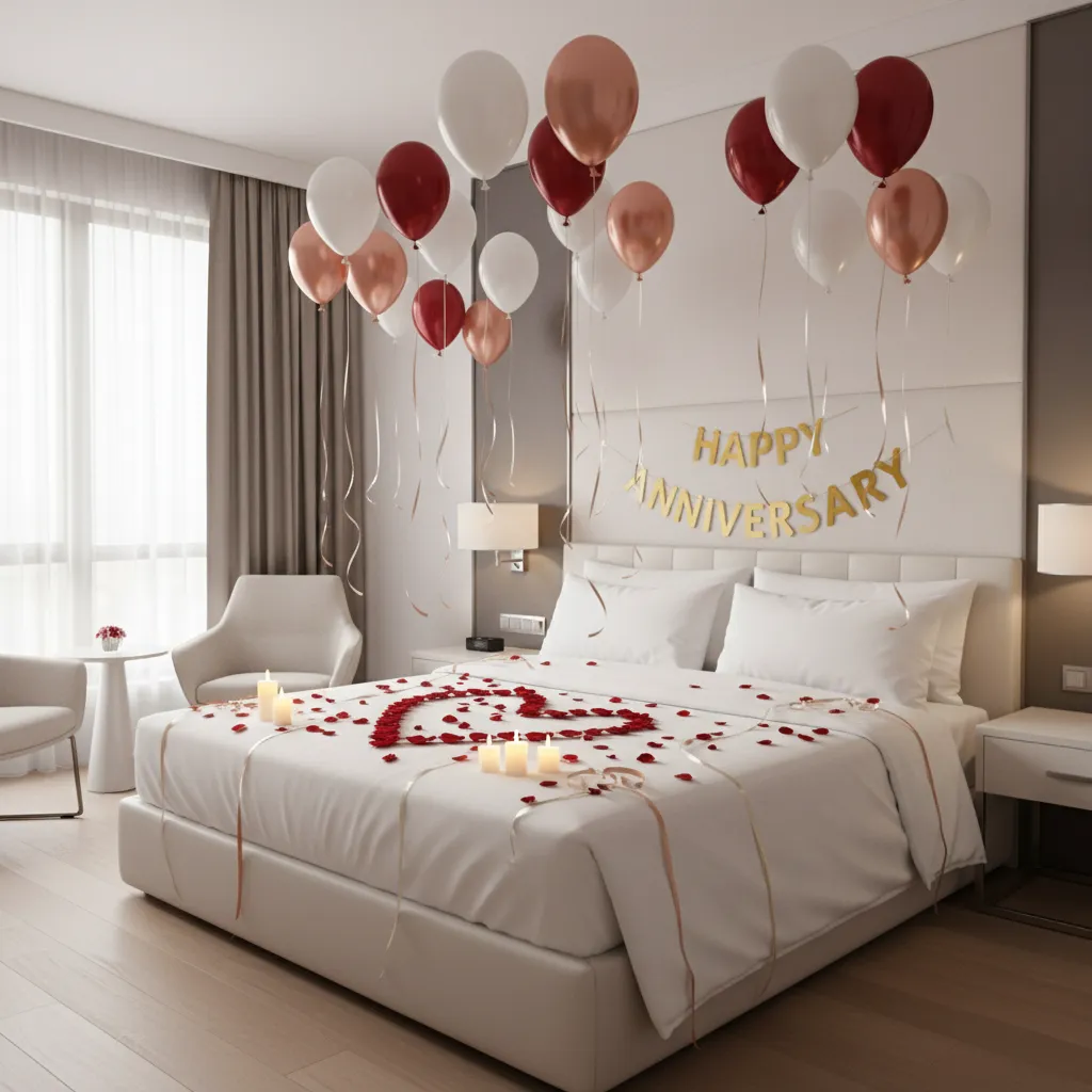 Basic hotel room decoration supplies including balloons banners and rose petals on a bed