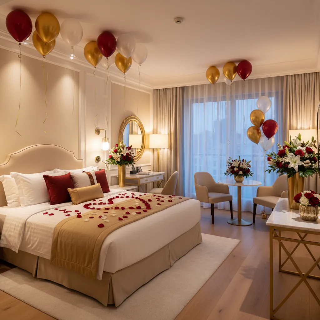 Hotel room decorated with coordinated red gold and white color theme