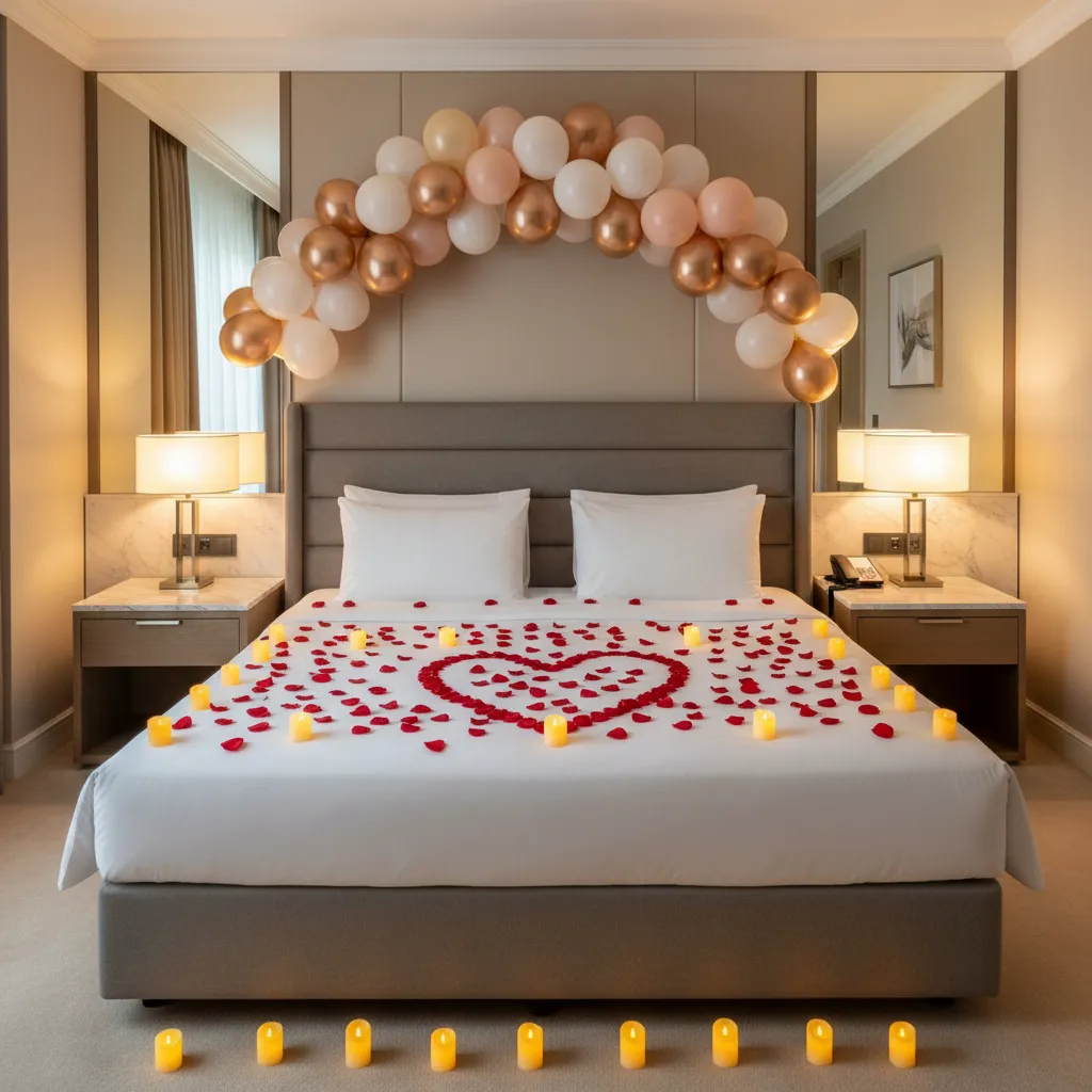 Hotel room decoration with bed as focal point and balloon arch above headboard