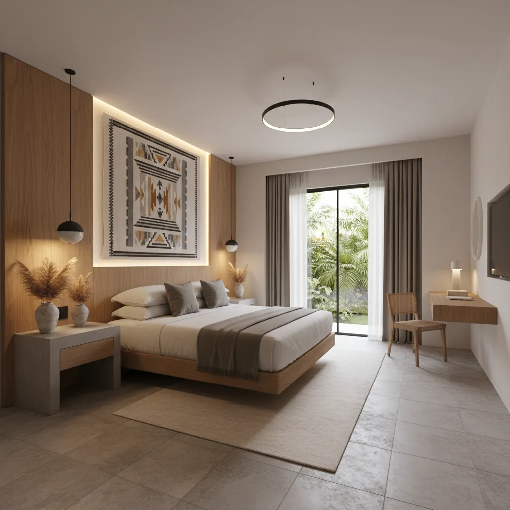 Habitación de hotel moderna con textiles mexicanos y diseño minimalista