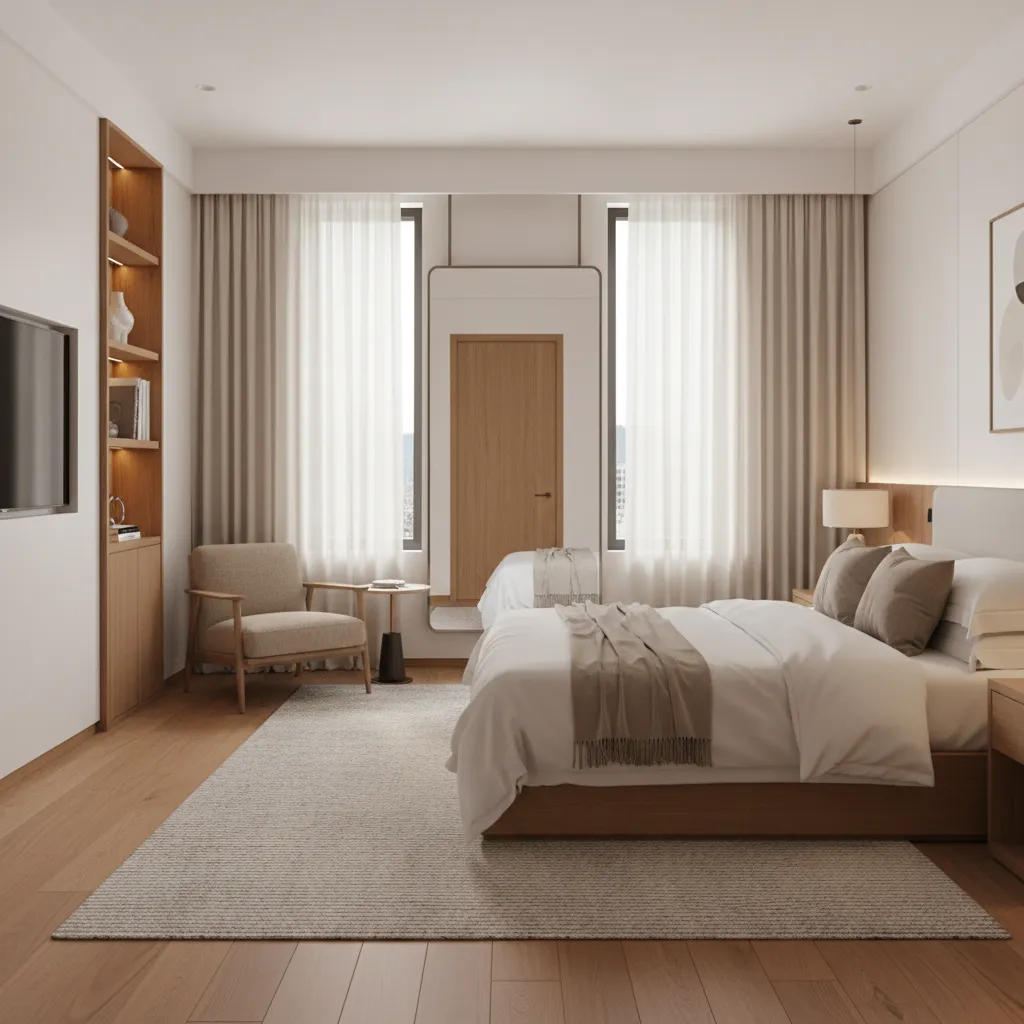 hotel guest room with over the door mirror reflecting natural window light