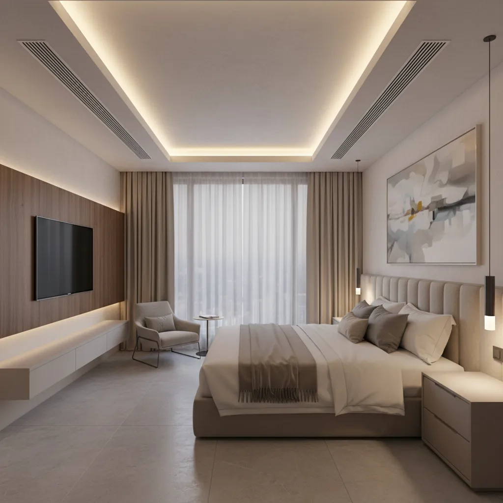 Modern hotel guest room with layered gypsum false ceiling and recessed lighting