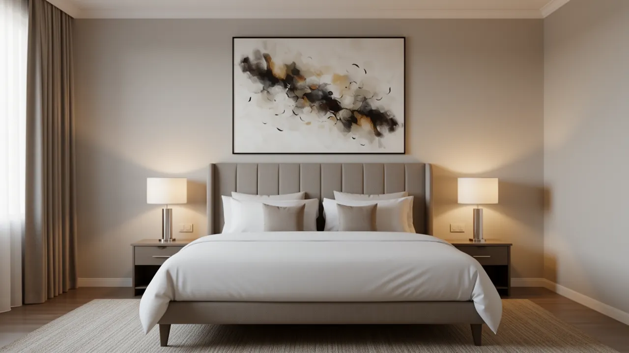 hotel room with large artwork above bed as focal point