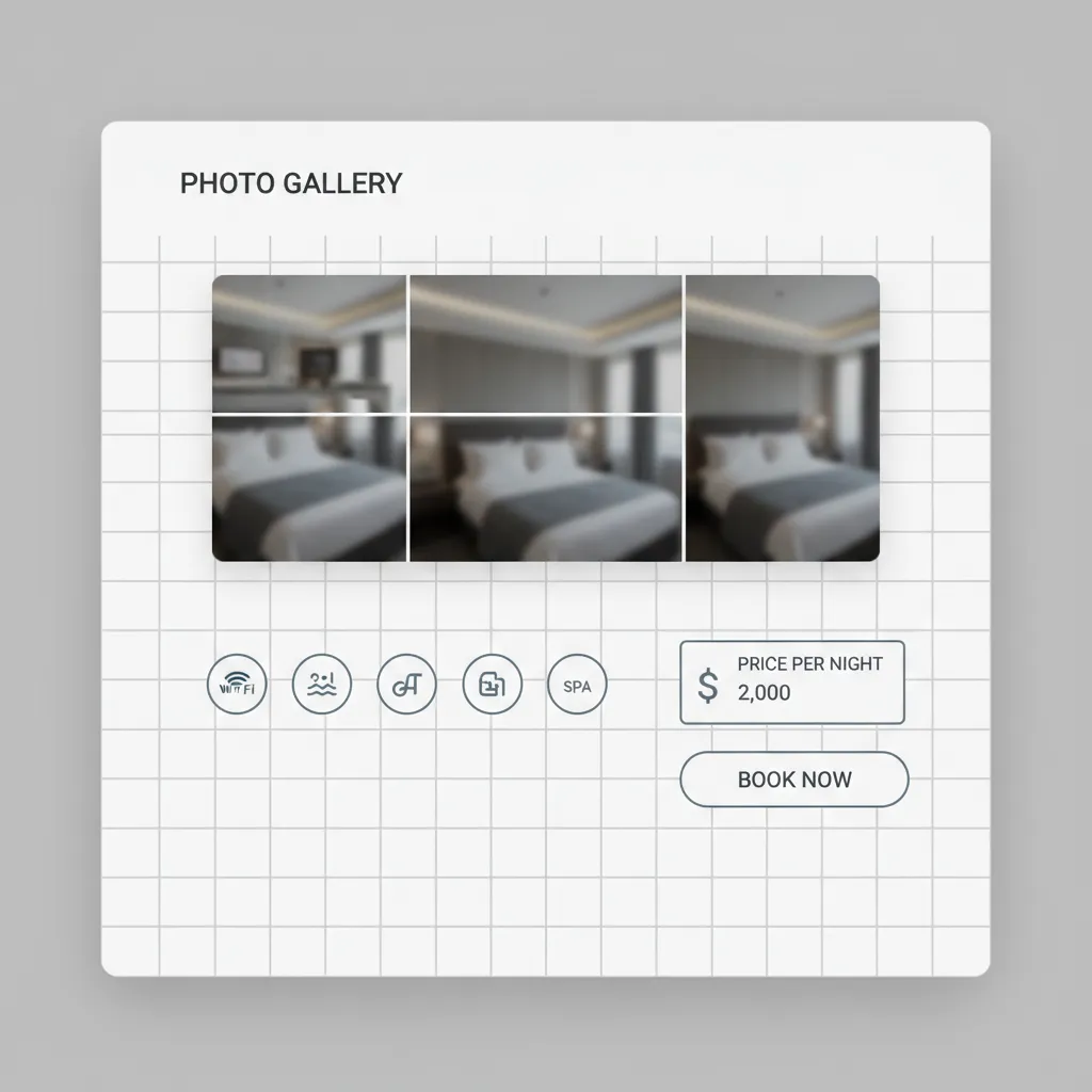 Structured hotel room page showing amenities icons price and gallery layout