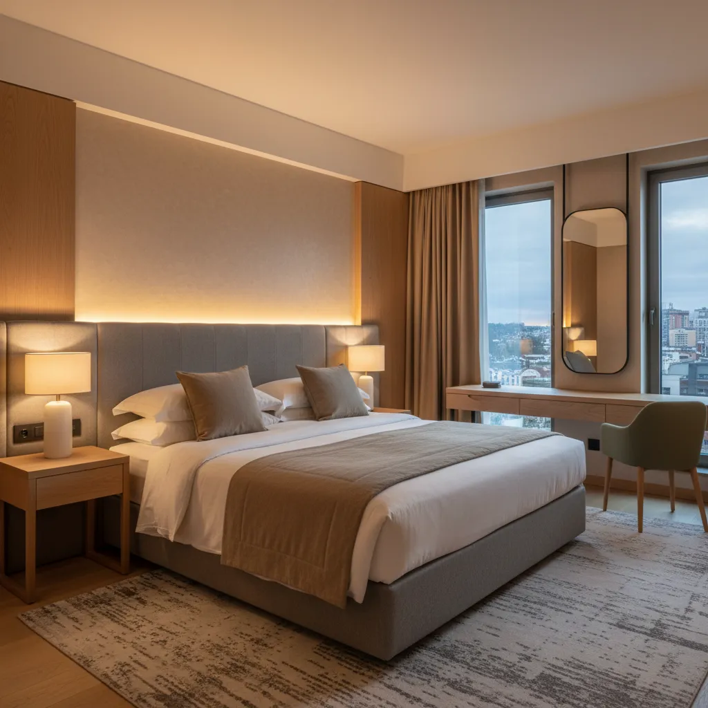 Habitación de hotel moderna con cama central iluminación ambiental y mobiliario funcional