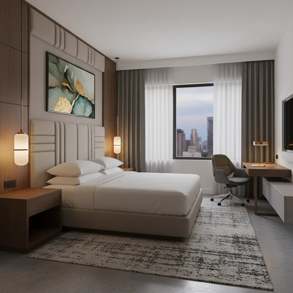 Modern hotel bedroom with white bed, wooden desk, grey chair, rug, and city view windows
