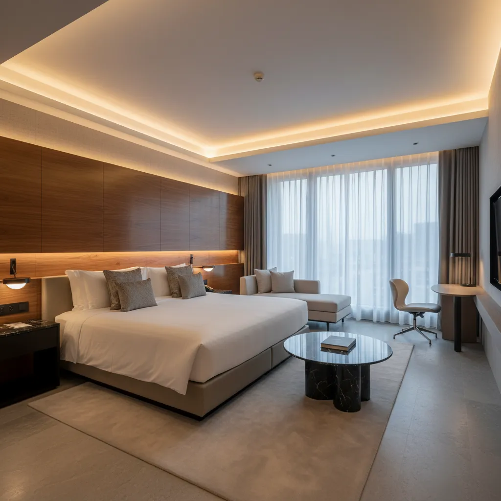 Habitación de hotel moderna con iluminación cálida y diseño minimalista
