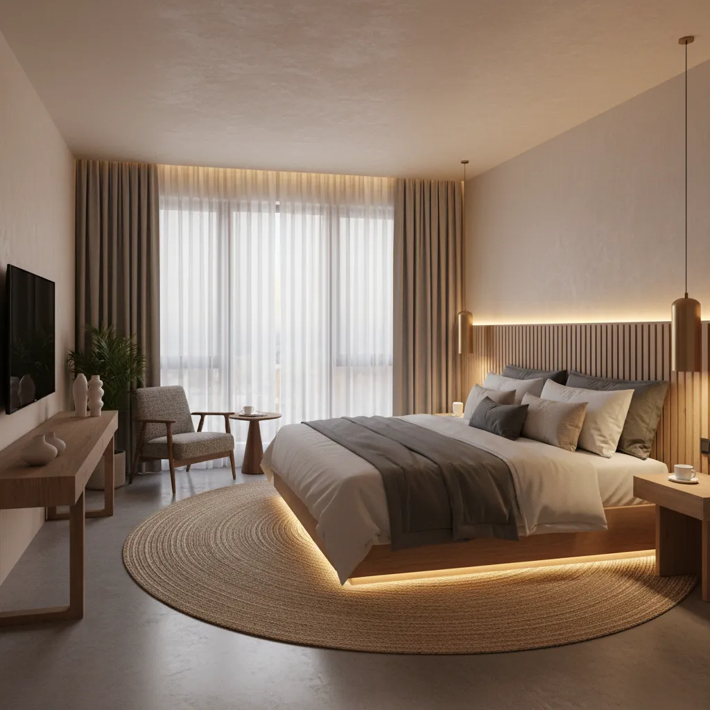 Habitación de hotel moderna con iluminación ambiental y diseño funcional