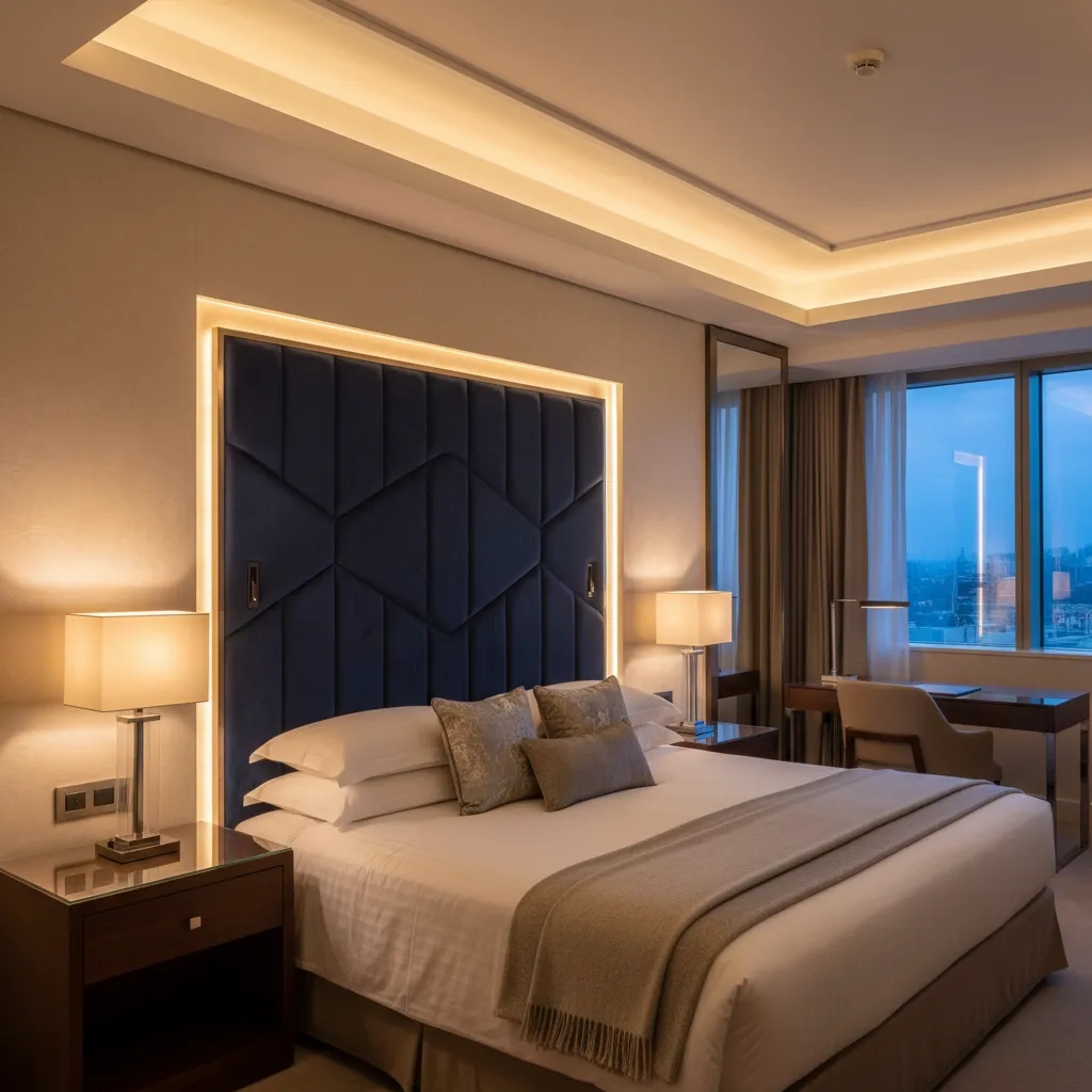 Luxury hotel room showing layered lighting including bedside lamps and indirect LED lighting