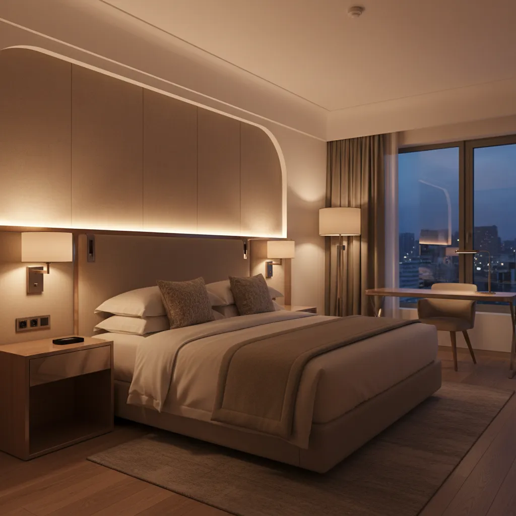 hotel room with layered lighting including bedside lamps and LED headboard lighting