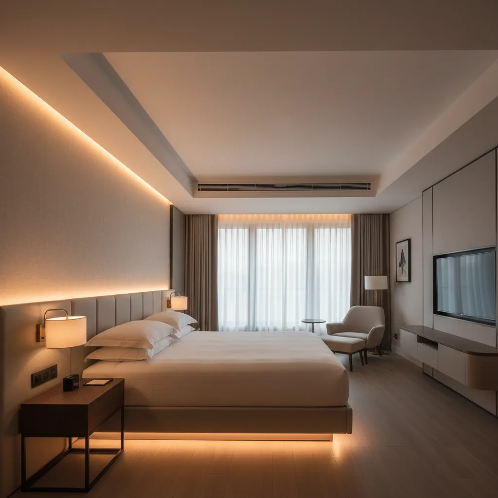 Luxury hotel bedroom showing layered lighting with bedside lamps cove lighting and warm ambient light