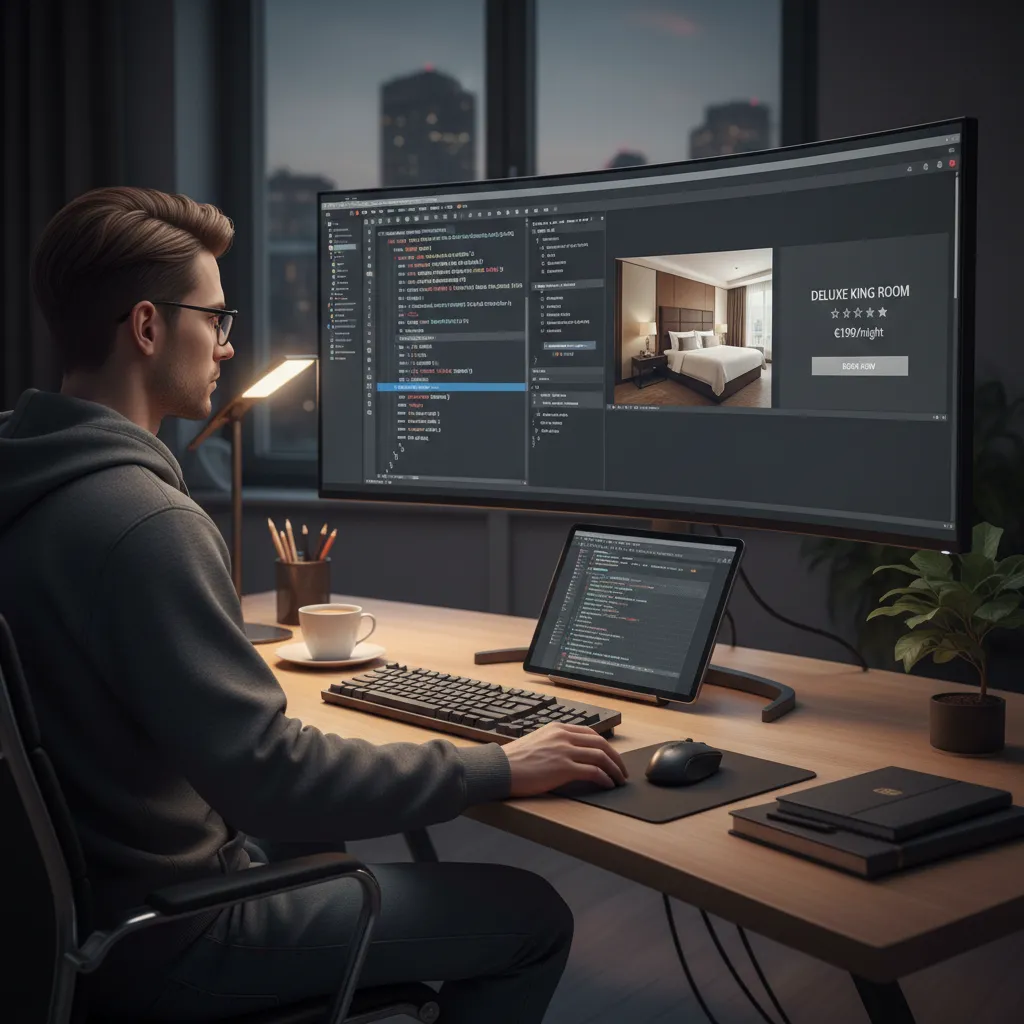 Developer inspecting CSS and HTML structure for hotel room card layout on code editor