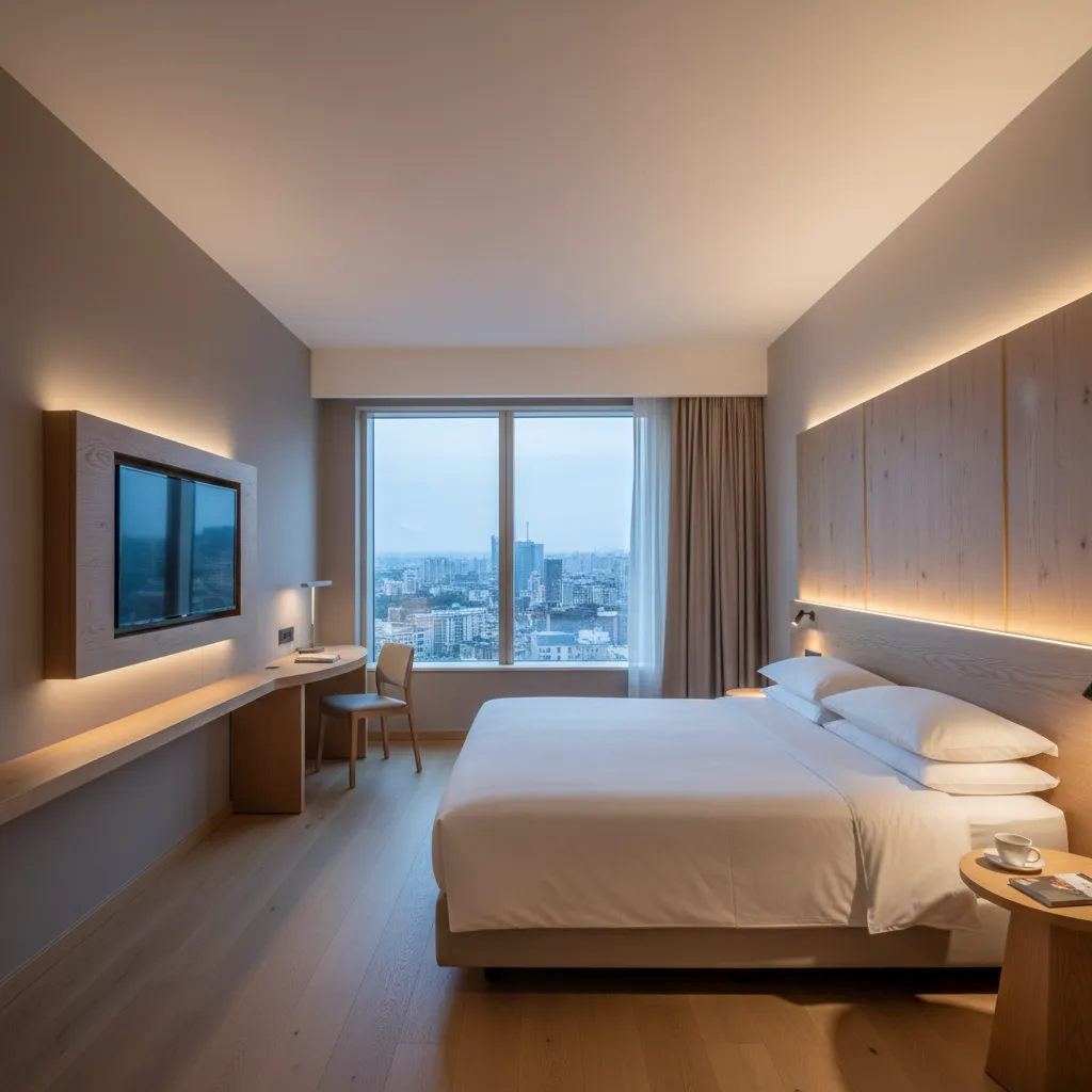 Habitación de hotel moderna con distribución funcional y mobiliario elegante