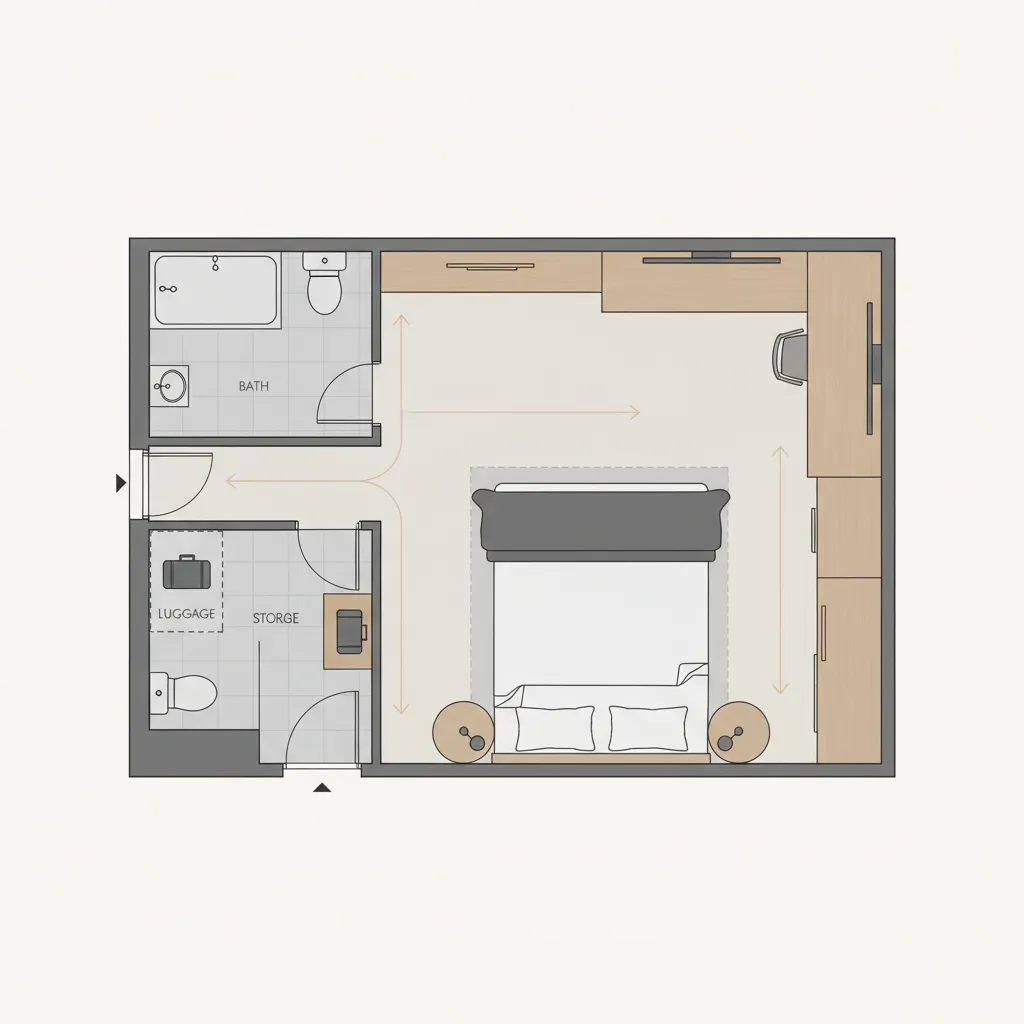 Simple floor plan diagram of hotel room layout showing beds, bathroom, and walking path