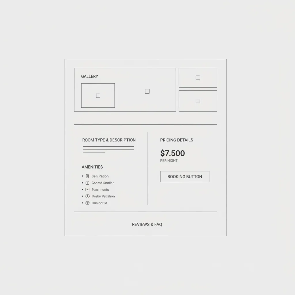 Diagram showing hotel room page layout sections including images amenities pricing and booking