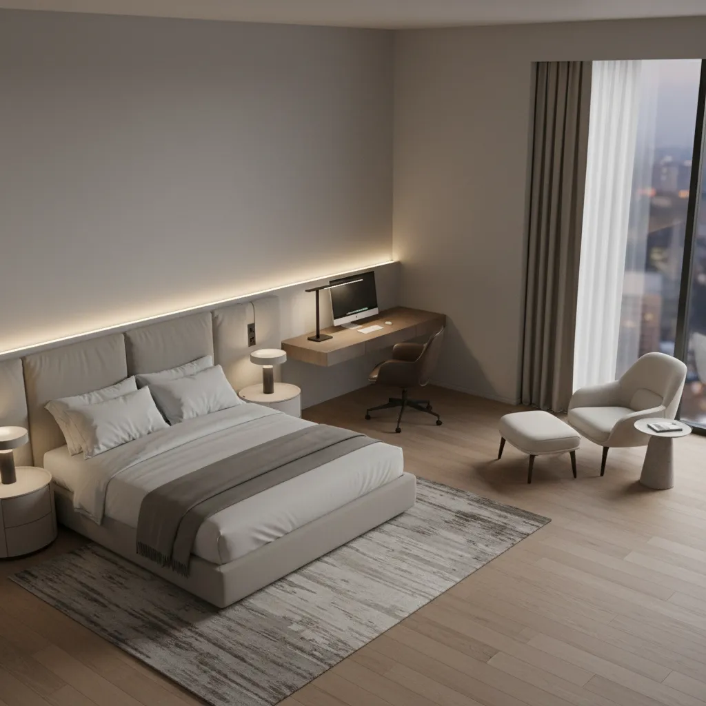Luxury hotel room showing clear zoning between bed, desk and lounge