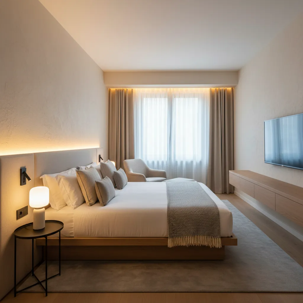 Habitación de hotel con iluminación indirecta y diseño contemporáneo