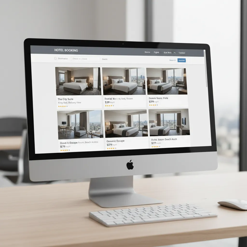 Modern hotel website room listing interface showing multiple room options