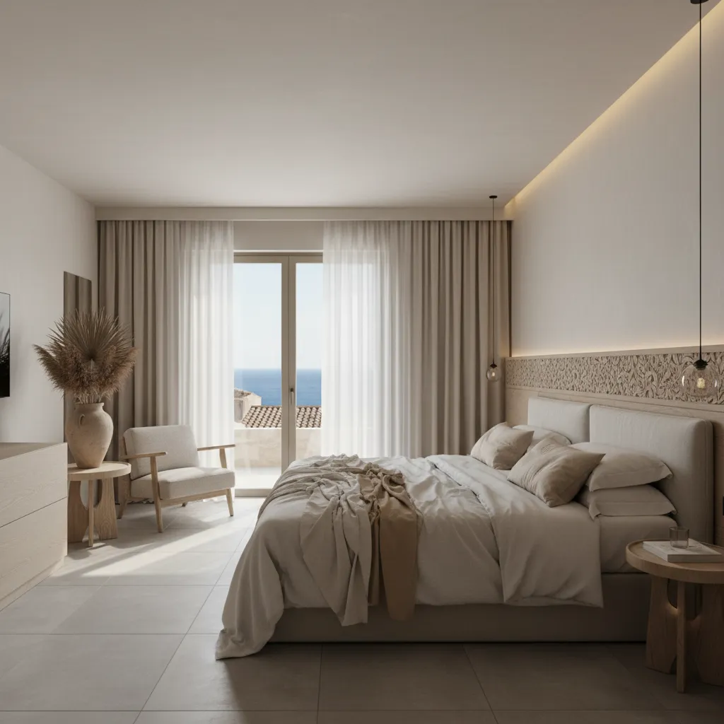 Habitación de hotel moderna con estilo mediterráneo minimalista
