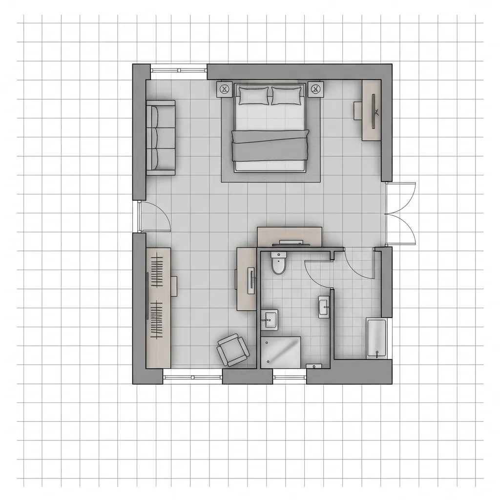 hotel guest room module layout showing structural grid and bathroom placement