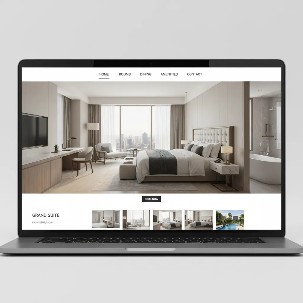 Hotel website room page hero gallery with large bedroom photo and room details section
