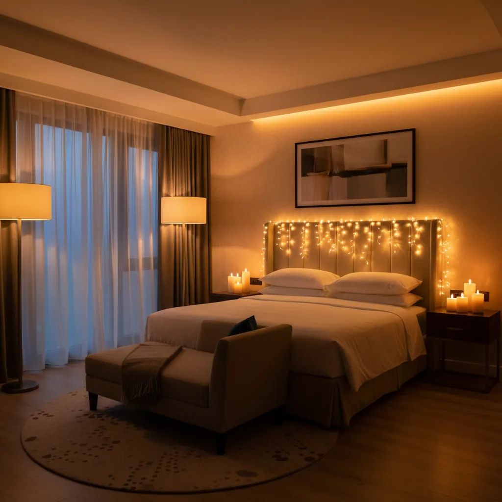 Romantic hotel room lighting with candles and string lights around bed