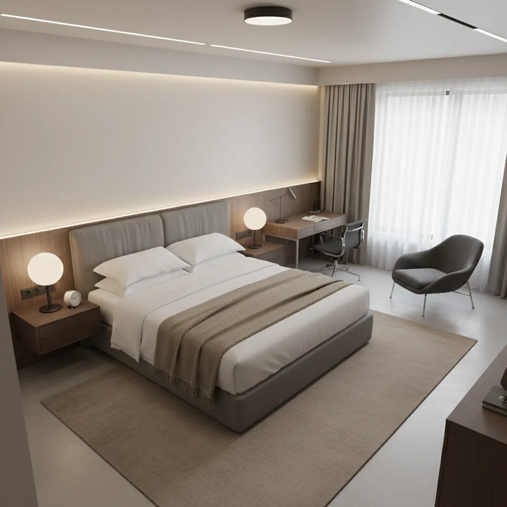 hotel room furniture layout with clear circulation and centered bed