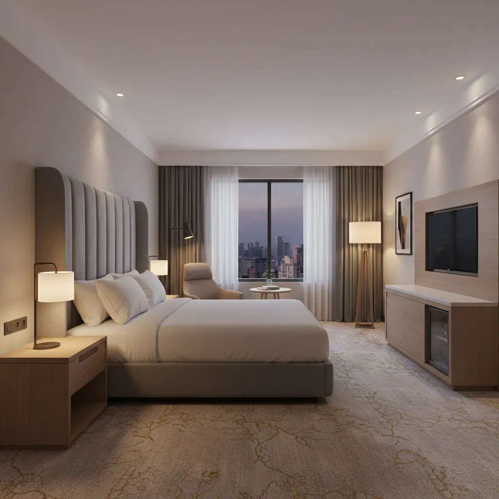 Hotel guest room interior showing standardized furniture and finishes used across hospitality projects