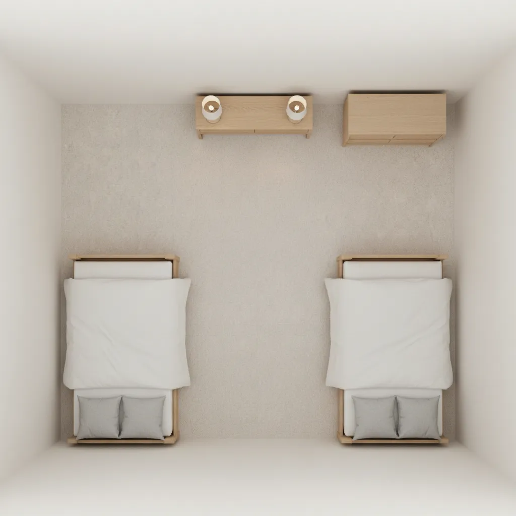 Top view layout diagram showing twin beds and circulation paths in a hotel room