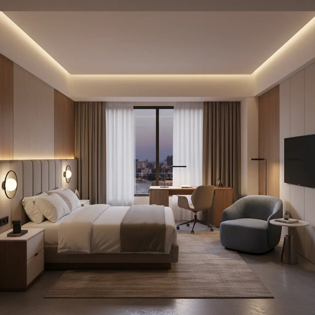 Modern hotel bedroom with bed, wooden desk with chair, blue armchair, and warm ceiling light