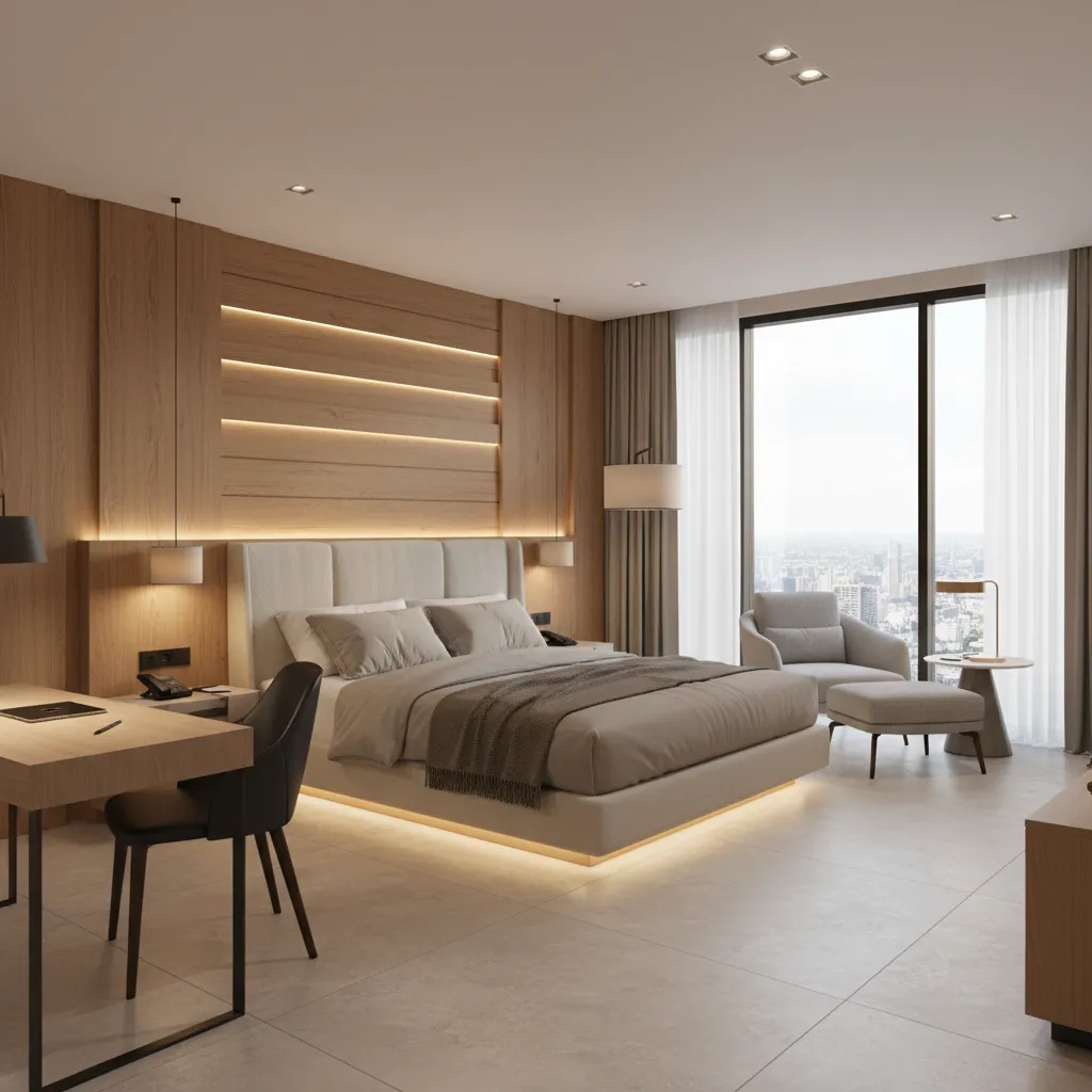 modern hotel room zoning with sleeping area lounge chair and desk