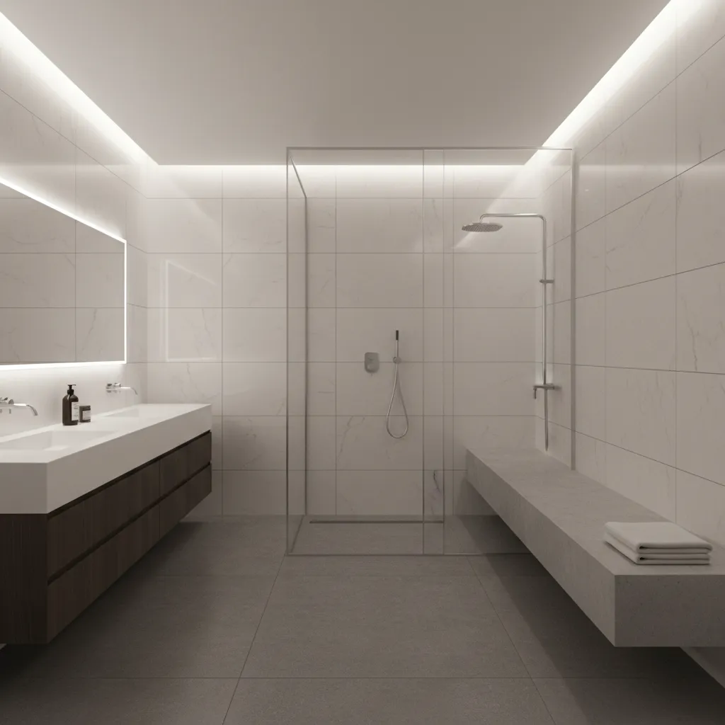 Modern hotel bathroom with floating shower bench and glass enclosure