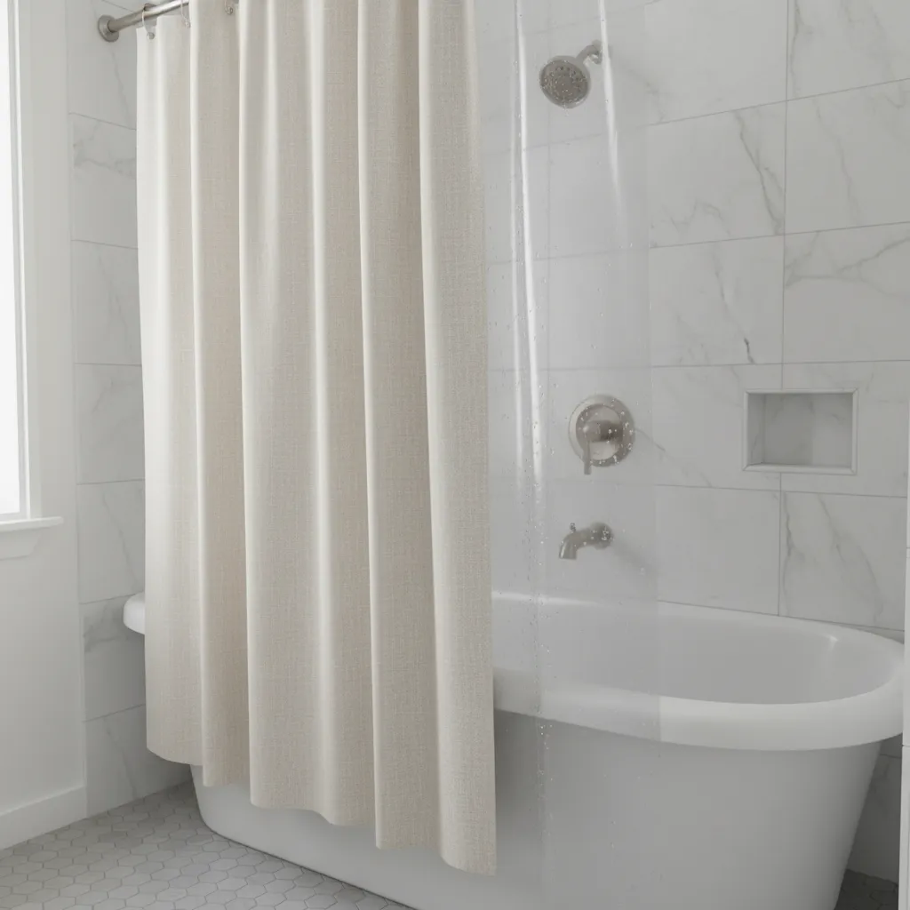 Close view of waterproof shower liner inside hotel curtain system