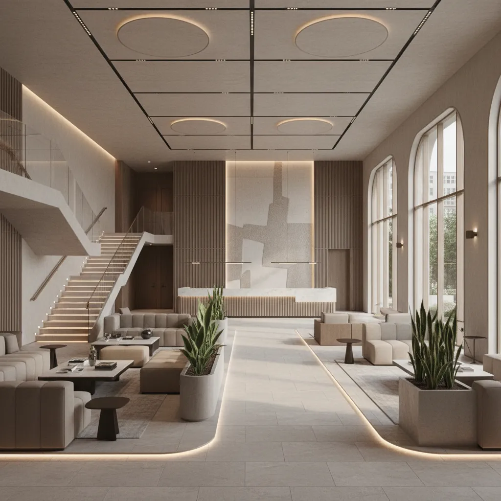 Vista interior mostrando planificación espacial en hotel moderno